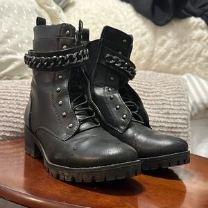 Sugar Black Combat Boots with Chain Accent